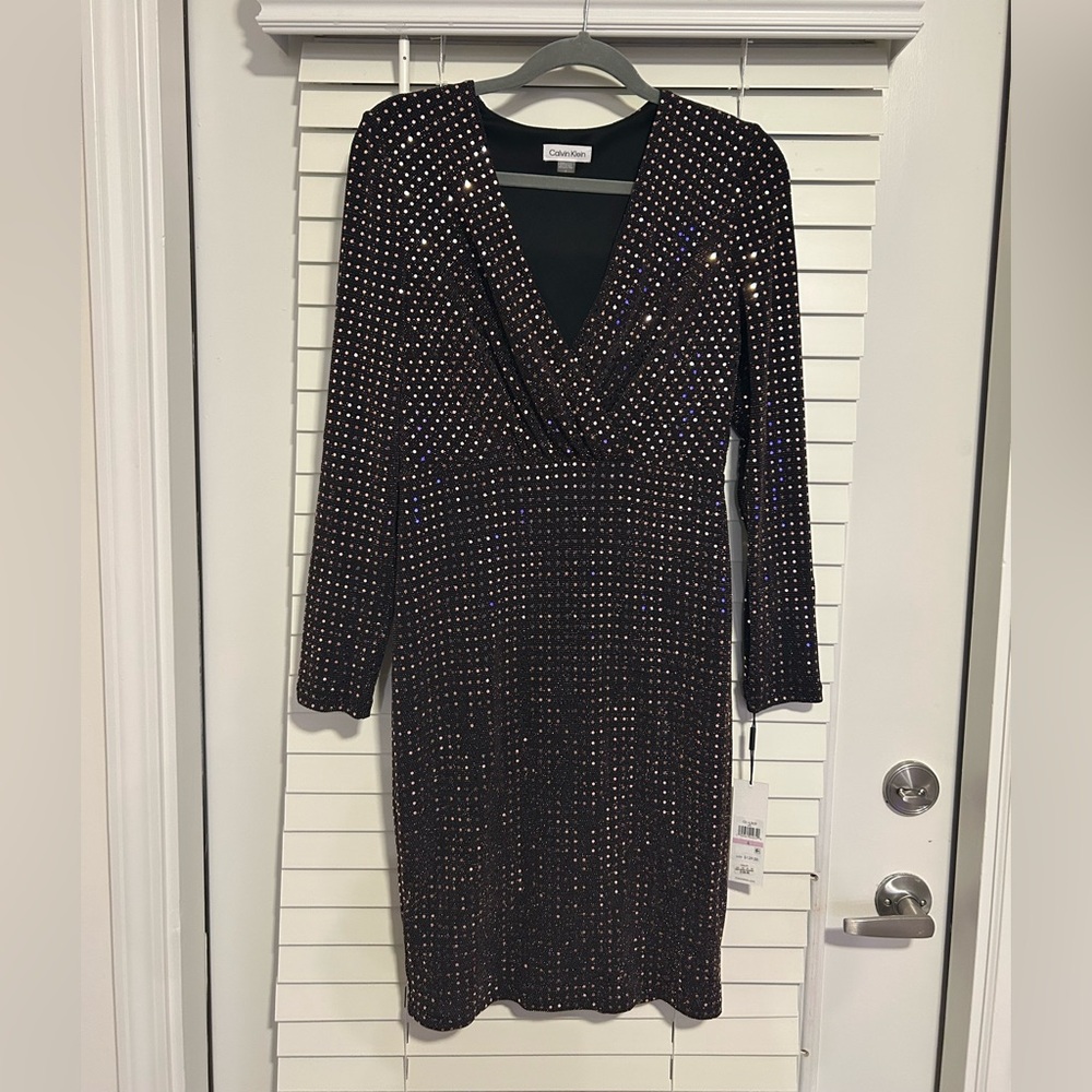 Calvin Klein Black Gold Sequin Long Sleeve Dress